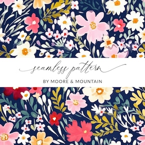 May include: Seamless pattern featuring a variety of pink, white, and yellow flowers on a dark blue background. The text "seamless pattern by Moore & Mountain" is displayed on a white banner.