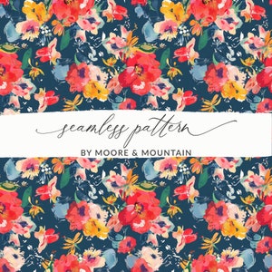 Marine-Blau und Roter nahtloser mit Blumenhintergrund, modernes rotes und blaues Aquarell-Blumenmuster, nahtloser moderner gemalter roter Blumen-Hintergrund