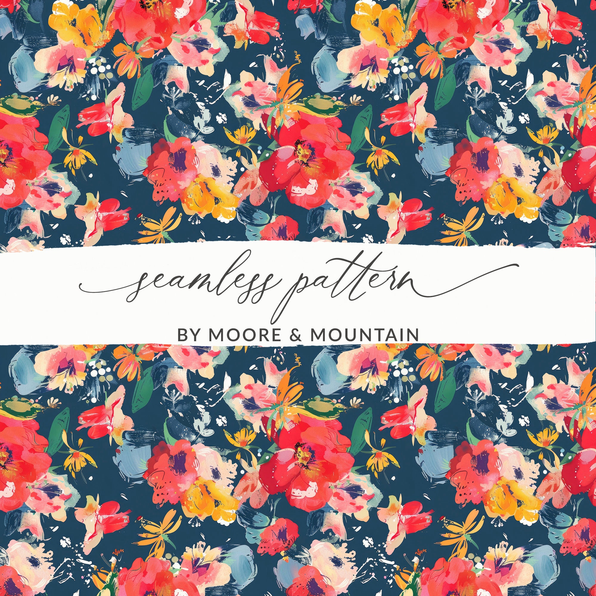 Navy Blue and Red Floral Seamless Background, Modern Red and Blue Watercolor Floral Pattern, Seamless Modern Painted Red Flower Background