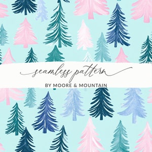 May include: Seamless pattern featuring a repeating design of stylised watercolour trees in shades of pink, blue, and green on a light blue background. The text "seamless pattern" and "by Moore & Mountain" is included in the design.