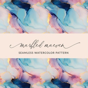 Könnte beinhalten: Nahtloses Aquarellmuster mit abstrakten Wirbeln in Blau, Rosa und Gold. Das Muster trägt den Titel "marbled maven" und ist perfekt, um jedem Projekt einen Hauch von Eleganz zu verleihen.