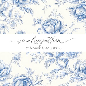 Seamless Chinoiserie Pattern Blue Chinoiserie Floral Pattern Sketched Chinese Floral Design, Light Blue Toile Seamless Background