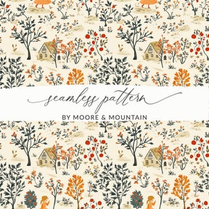 May include: A seamless pattern featuring a cottage, trees, and flowers in a whimsical autumnal style. The pattern is on a cream background with red, orange, green, and brown accents. The text "seamless pattern by Moore & Mountain" is at the bottom of the image.