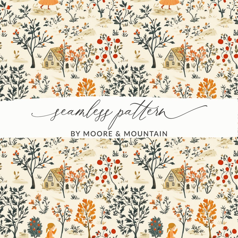 Puede incluir: Un patr&oacute;n sin costuras que presenta una caba&ntilde;a, &aacute;rboles y flores en un estilo oto&ntilde;al caprichoso. El patr&oacute;n est&aacute; sobre un fondo crema con acentos rojos, naranjas, verdes y marrones. El texto "seamless pattern by Moore & Mountain" est&aacute; en la parte inferior de la imagen.