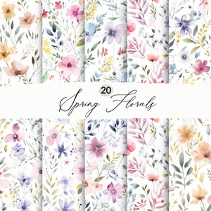 Dipinto primaverile Flora Seamless Patterns Acquerello, Carte digitali di prato selvaggio, Fiori di campo senza giunte dell'acquerello, PNG, Uso commerciale