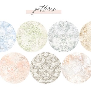 May include: A set of 10 digital seamless patterns featuring delicate white lace designs on various coloured backgrounds. The patterns include blue, green, beige, and peach.