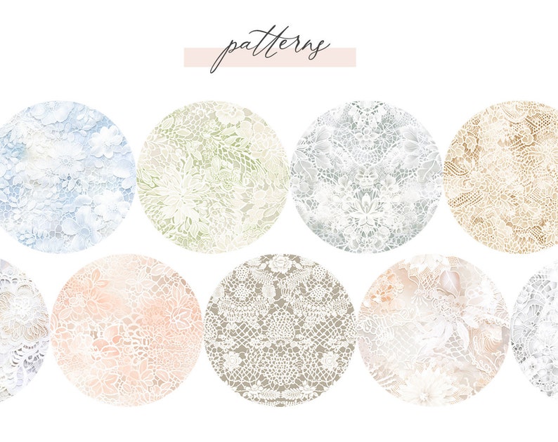 May include: A set of 10 digital seamless patterns featuring delicate white lace designs on various coloured backgrounds. The patterns include blue, green, beige, and peach.