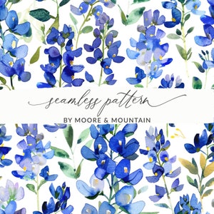 May include: A seamless pattern featuring watercolor bluebonnet flowers on a white background. The pattern is titled "seamless pattern" with the text "BY MOORE & MOUNTAIN" below.