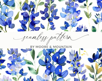 Watercolor Bluebonnets Seamless Pattern, Painted Bluebonnets, Spring Bluebonnets Background, Lupine Seamless Pattern. Blue Wildflowers PNG