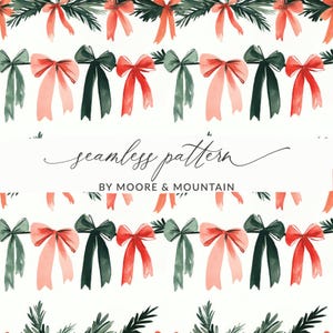 Könnte beinhalten: Ein nahtloses Muster mit einer Girlande aus grünen Blättern, roten und rosa Schleifen und dem Text "seamless pattern by Moore & Mountain".