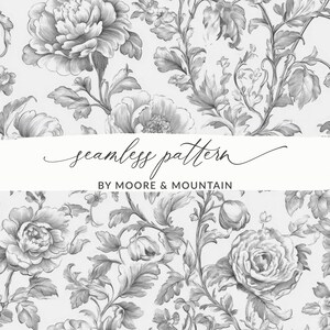 May include: A black and white seamless pattern featuring detailed botanical illustrations of blooming peonies and leafy vines. A white horizontal banner across the center displays the text "seamless pattern" and "BY MOORE & MOUNTAIN" in black.