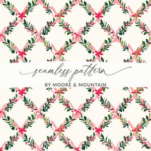 Puede incluir: Diseño de patrón sin costuras con cintas rosas, hojas verdes y flores rojas sobre un fondo crema. También se ve el texto "seamless pattern" y "BY MOORE & MOUNTAIN".