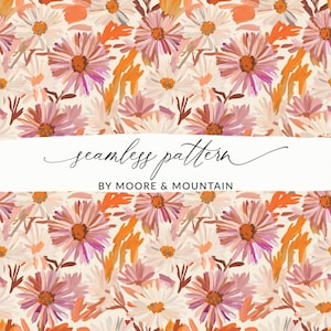 May include: A seamless floral pattern featuring stylized flowers in shades of white, pink, and orange. The design includes the text "seamless pattern" and "BY MOORE & MOUNTAIN" on a white banner.