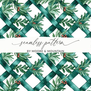 May include: Seamless pattern featuring a repeating design of green holly leaves with red berries and teal blue ribbon crisscrossing on a white background. The text "seamless pattern" and "by Moore & Mountain" is included in the image.