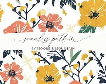 Pink and Yellow Floral Pattern, Seamless Modern Floral Background, Mod Flowers Pattern, Seamless Anemone Floral Background for Fabric Design