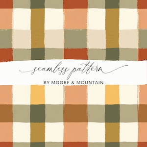 May include: A seamless pattern featuring a plaid design with alternating stripes of orange, brown, yellow, green, and white. The pattern is created with brushstrokes, giving it a textured look.