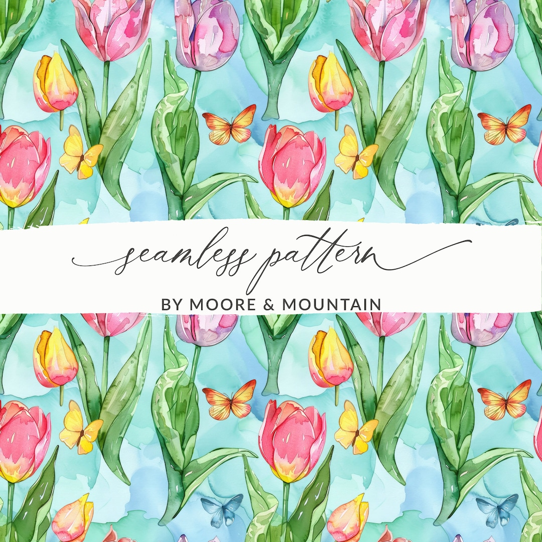 Watercolor Tulips Seamless Background, Teal Blue Spring Tulips Pattern ...