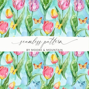 Aquarell Tulpen nahtlose Hintergrund, aquamarin blau Frühling Tulpen Muster, nahtlose Tulpen Hintergrund mit Schmetterlingen und Vorfrühlingsblumen