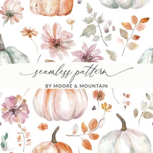 May include: A seamless pattern featuring watercolor illustrations of pumpkins, flowers, and leaves in shades of pink, orange, and green. The text "seamless pattern" and "BY MOORE & MOUNTAIN" is included in the design.