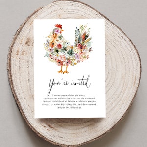 May include: A white card with a watercolor illustration of a chicken made of flowers. The text "You're invited" is written in black cursive script below the chicken. The card has a floral design and is perfect for a spring or summer event.