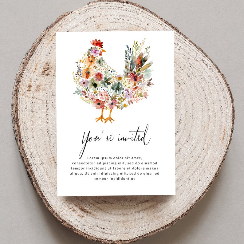 May include: A white card with a watercolor illustration of a chicken made of flowers. The text "You're invited" is written in black cursive script below the chicken. The card has a floral design and is perfect for a spring or summer event.
