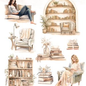 May include: A watercolor illustration of a cozy living room with bookshelves, armchairs, and a couch. The illustration features a woman reading a book in each of the seating areas. The illustration is in a warm, neutral color palette with hints of brown, beige, and cream.
