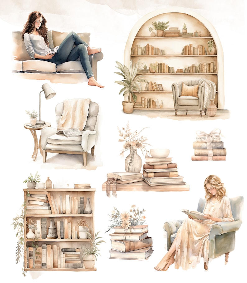 May include: A watercolor illustration of a cozy living room with bookshelves, armchairs, and a couch. The illustration features a woman reading a book in each of the seating areas. The illustration is in a warm, neutral color palette with hints of brown, beige, and cream.