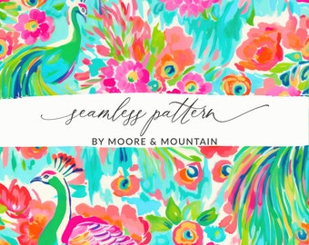 Preppy Peacock Seamless Pattern, Neon Peacock Background Pattern, Seamless Peacock Digital Paper, Peacock Design Peacock Wallpaper