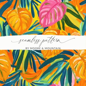 Modern Tropical Seamless Monstera Acrylic Painterly, Jungle Leaves Pattern Preppy Beachy Palm Leaf Pattern, Hawaiian Tropical Background