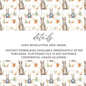 May include: A seamless pattern featuring watercolor illustrations of brown rabbits, blue rabbits, carrots, and green leaves on a white background.