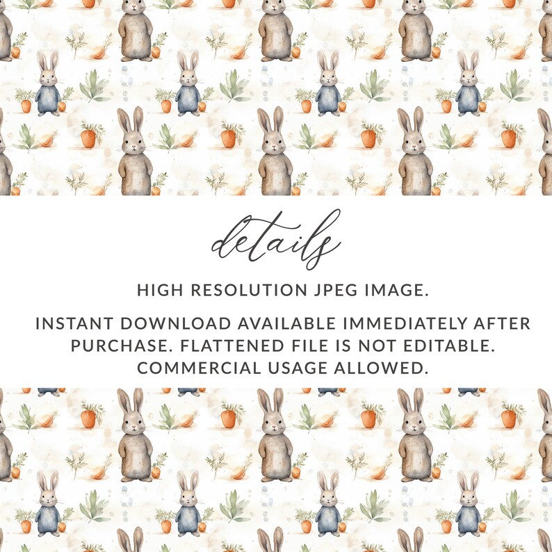 May include: A seamless pattern featuring watercolor illustrations of brown rabbits, blue rabbits, carrots, and green leaves on a white background.