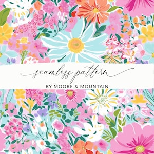 Summery Floral Seamless Background Wild Floral Pattern Bold Flower Background Pattern for Fabric, Pink Preppy Flower Pattern PNG