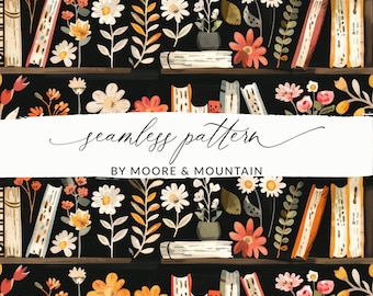 Estantería con patrón de fondo sin costuras para amantes de los libros, fondo de libros en estantería, patrón repetido de fondo de biblioteca para uso comercial
