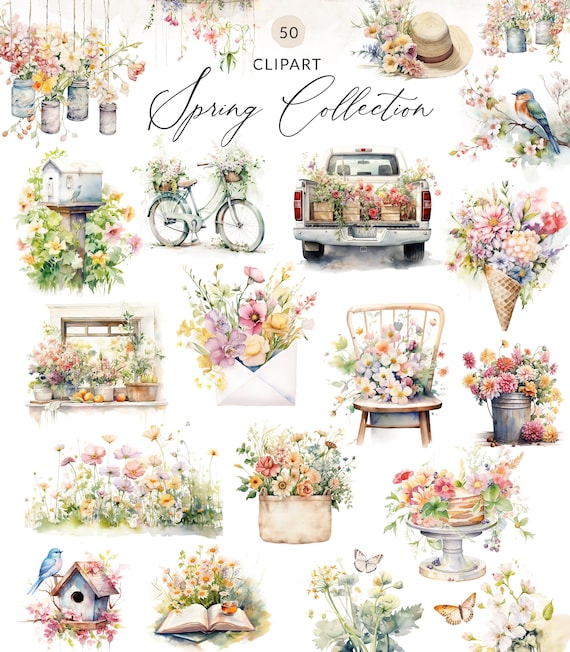 50 Spring Clipart Collection, Spring Watercolor Clipart Collection, Boho Watercolor Spring Clipart Collection, Painted Spring PNG Images