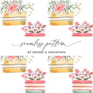 Puede incluir: Un patrón sin costuras con ilustraciones de acuarela de pilas de libros con flores rosas en la parte superior. El texto "seamless pattern" y "BY MOORE & MOUNTAIN" está incluido en el diseño.