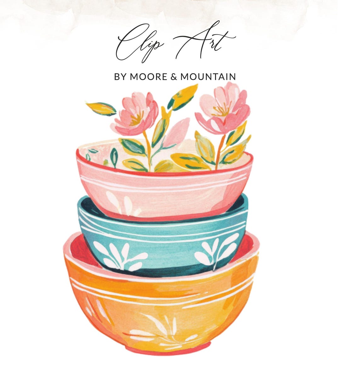 Watercolor Preppy Mixing Bowls Clipart, Vibrant Floral Stacked Dishes ...