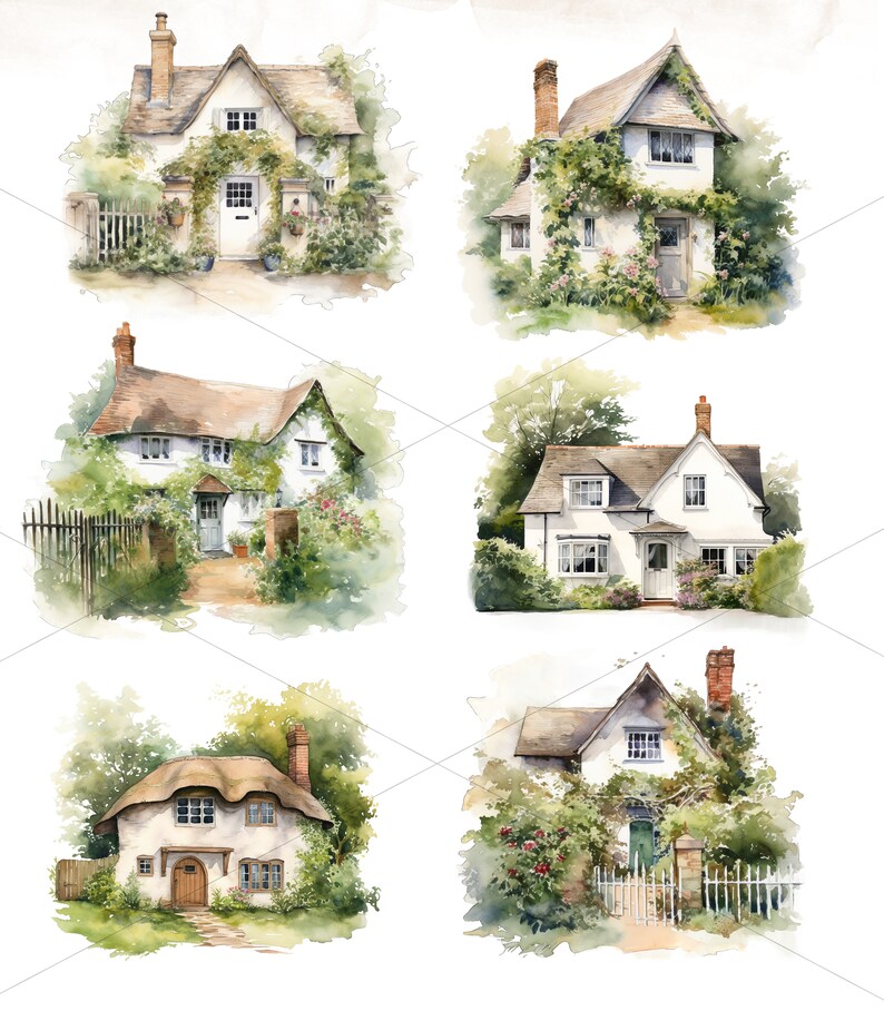 Whimsical Watercolor Cottages Clipart PNG Images, Watercolor Houses