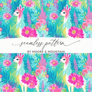 Preppy Llama Background Pattern, Neon Llama Seamless Background, Funny Llama Digital Download, Teal Llama, Colorful Llama Pattern