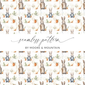 May include: A seamless pattern featuring watercolor illustrations of brown and blue rabbits, carrots, and green leaves on a white background. The text "seamless pattern by Moore & Mountain" is at the bottom of the image.
