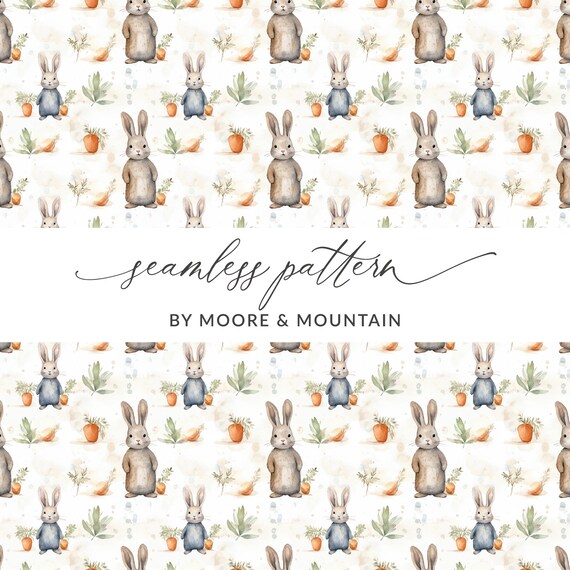 Cottagecore Bunny Seamless Spring Pattern, Rabbits and Carrots Spring Background For Fabric Design, Watercolor Spring Bunny Painted Pattern