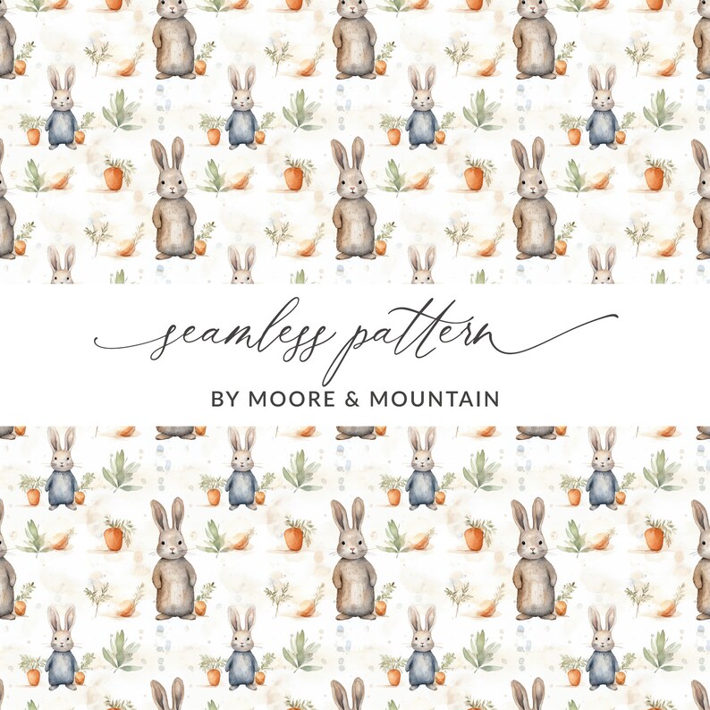 May include: A seamless pattern featuring watercolor illustrations of brown and blue rabbits, carrots, and green leaves on a white background. The text "seamless pattern by Moore & Mountain" is at the bottom of the image.