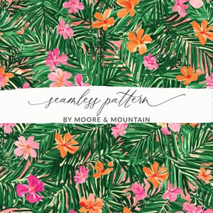 May include: A seamless pattern featuring pink, orange, and yellow tropical flowers on a pink background with green palm leaves. The text "seamless pattern" and "BY MOORE & MOUNTAIN" is printed on a white banner.