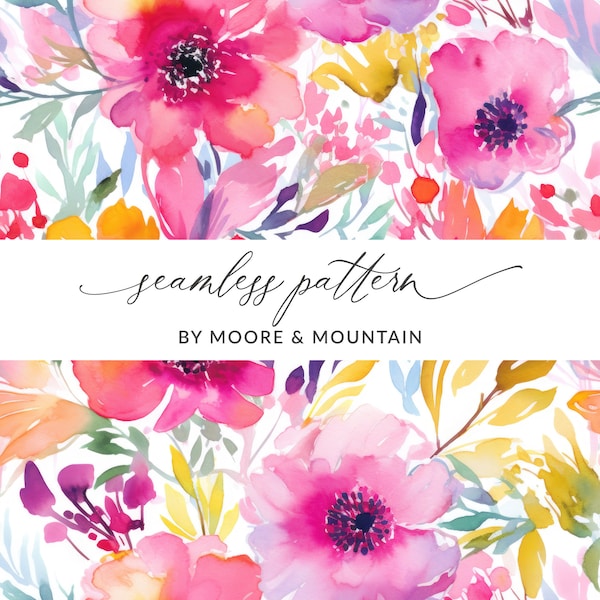 Seamless Floral Background Pattern, Watercolor Flowers Repeating Pattern, Vibrant Watercolor Background, Bright Colored Pattern for Textile