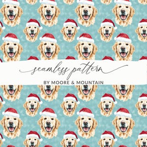 May include: Seamless pattern featuring golden retrievers wearing Santa hats on a light blue background. The dogs have a happy expression. The text "seamless pattern" and "BY MOORE & MOUNTAIN" are displayed in a white rectangular banner.
