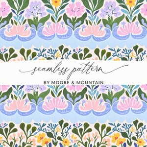 May include: A seamless floral pattern with pink, purple, and yellow flowers, green leaves, and blue accents. The design includes the text "seamless pattern" and "BY MOORE & MOUNTAIN" on a white banner.