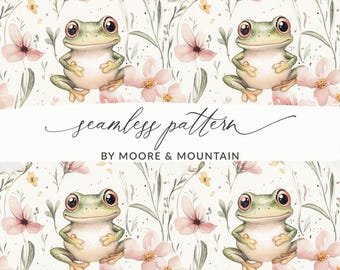 Seamless Frog Background Pattern Cute Watercolor Frog Repeating File Background, Painted Frog Cute Digital Paper PNG