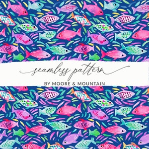 May include: A seamless pattern featuring colorful fish and abstract shapes on a blue background. The pattern is titled "seamless pattern" and "by Moore & Mountain".