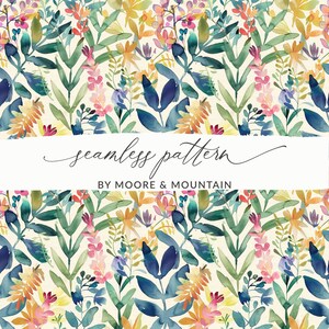 Könnte beinhalten: Ein nahtloses Muster mit einem Aquarelldesign aus bunten Blumen und Blättern auf cremefarbenem Hintergrund. Das Muster trägt den Titel "seamless pattern" und "by Moore & Mountain".
