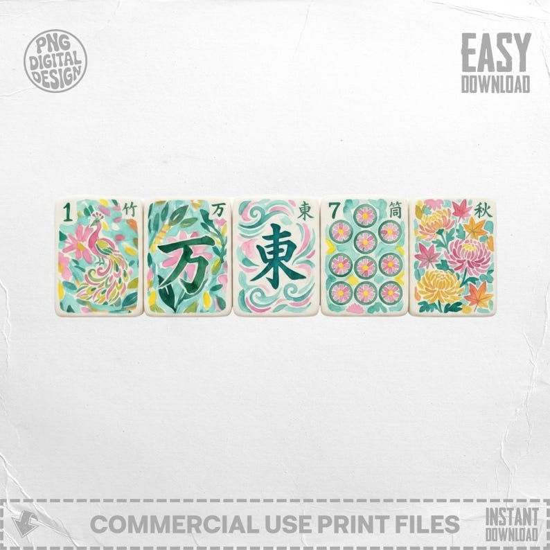 Five illustrated Mahjong tiles featuring bamboo, characters, and flowers.