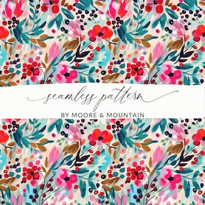 May include: A seamless pattern featuring a colorful floral design with pink, red, and blue flowers, green leaves, and black berries on a cream background. The text "seamless pattern by Moore & Mountain" is displayed on a white banner.